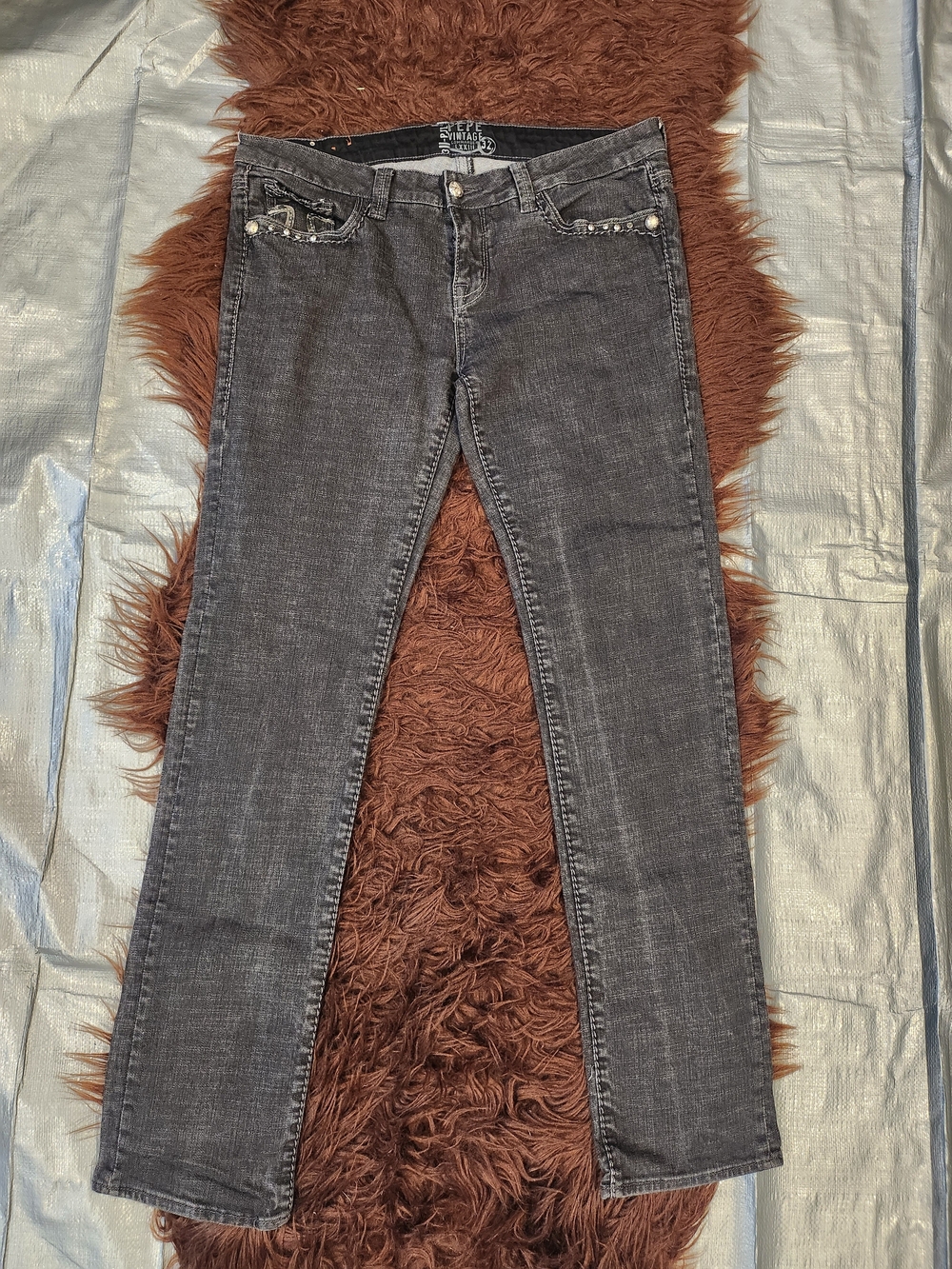 Pepe Jeans Women's Gray Straight Leg Jeans with Stud Detail